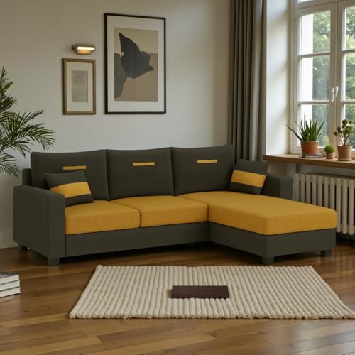 Image of CASASTYLE Dreamon 4 Seater Fabric RHS L Shape Sofa Set (Yellow-Dark Grey) | Velvet Finish | Comfortable Sectional Sofa for Living Room