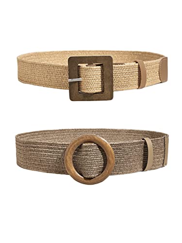 Verdusa Women's 2 Pack Buckle Elastic Straw Belts Boho Waist Belt2