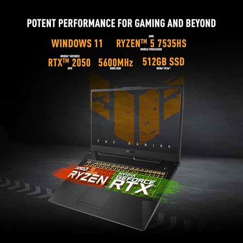 Image of ASUS TUF Gaming A17 (2023) Gaming Laptop, 17.3 inch FHD 144Hz IPS-Level Display, NVIDIA GeForce RTX 2050, AMD Ryzen 5 7535HS, 86GB DDR5, 512GB PCIe Gen4 SSD, Wi-Fi 6, Windows 11, FA706NF-RS51