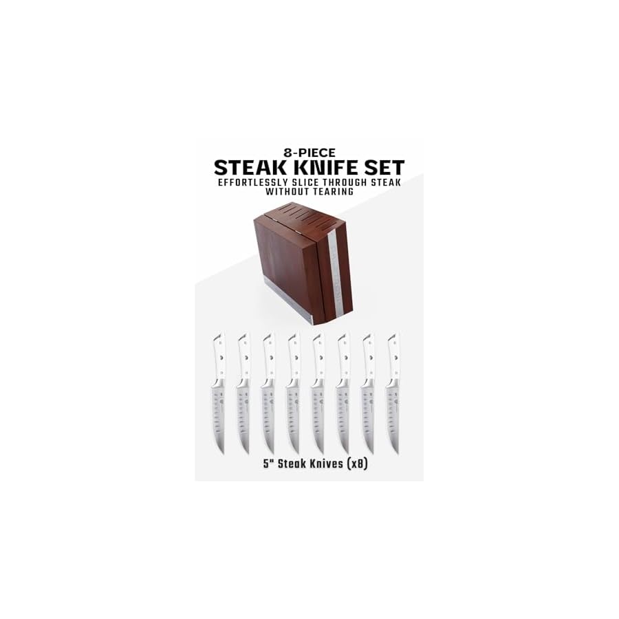 Dalstrong Steak Knife Set with Folding Block - 8 Pc - Gladiator Series - 5" Straight Edge Blade - Forged High-Carbon German Steel - w/Modular Storage Block - Glacial White ABS Handle - NSF Certified