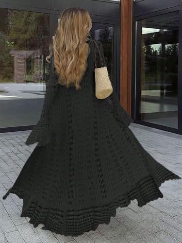 Cardigan Sweaters for Women Trendy Lightweight Crochet Long Duster Button Up Bell Long Sleeve Ruffle Knit Maxi Dress2