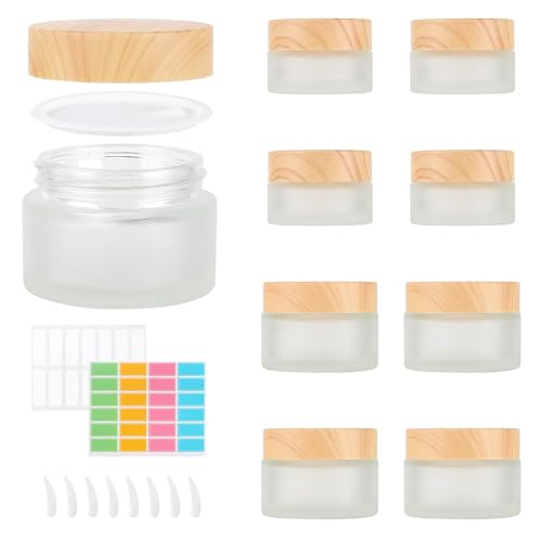Mirraswit 8 Pack Frosted Glass Jars, 20ml/30ml Cosmetic Jars, Reusable Lip Balm Containers Empty with Stickers, Scraping Spoons for Cosmetics, Scrubs, Face Cream Lotion