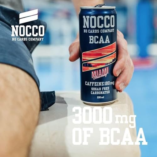 NOCCO Sugar Free Energy Drink – BCAA, 180mg High Caffeine, with Amino Acids & Vitamins, Ideal for Pre Workout – 12 x 330ml (Miami Strawberry)