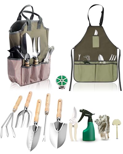 Garden Tool Set, Beswill 12 Pieces Heavy Duty Gardening Hand Tools with Garden Tools Organizer Handbag, Apron, Rust-Proof Stainless Steel Gardening Kit, Wood Handle, Ideal Garden Gifts for Women Men