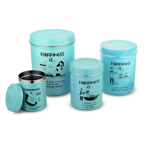 Image of inchChromaJars inch Stainless steel Stylish Coloured printed storage containers set of 4 for Home & Kitchen 500Ml, 900ML,1750 Ml & 2900 Ml (SEA BLUE)