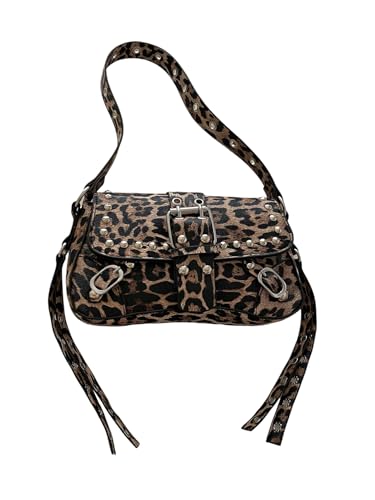 Verdusa Women Y2K Leopard Studded Buckle Shoulder Handbags Punk Double Strap Clutch Purses
