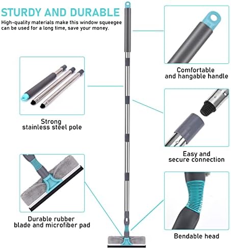 Telescopic Window Squeegee Cleaner - 2-in-1 Extendable Window Cleaner 23cm to 200cm Professional Window Cleaning Equipment with Bendable Head, Glass Cleaning Tools for High Windows Indoor and Outdoor