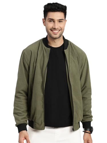 Image of SHOWOFFFF Men Solid Bomber Jacket | Mock Collar Full Sleeves Nylon Jacket for Mens | Slim Fit Regular Length Jacket for Men's
