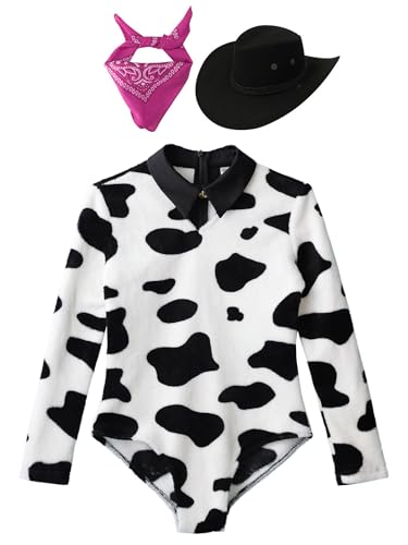 Choomomo Animal Cow Outfits for Kids Cow Pattern Plush Leotard with Cowboy Hat and Bandanna Scarf Hot Pink 8 Years