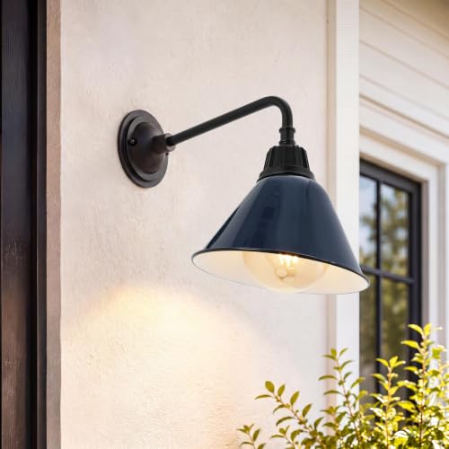 Image of JONATHAN Y Croydon 1-Light Gooseneck Barn Sconce 9.63 inch, Navy | Metal Bell Shade, Farmhouse Industrial Wall Fixture, Indoor or Outdoor, LED Bulb Included, Dimmable, For Porch, Patio