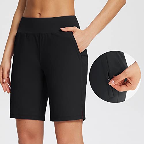 Baleaf Women's Knee Length Long Shorts Running Bermuda Shorts 9" High Waisted Zip Pockets Quick Dry Casual Summer Black L #TOP3