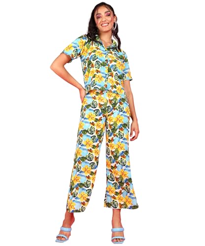 Image of POPWINGS Casual Floral Printed Monochrome Crop Shirt and Trouser Co-Ords Set for Women | Top and Bottom Set for Women |Printed Shirt and Trousers Set | Women Collar Shirt and Trousers Set Summer Wear