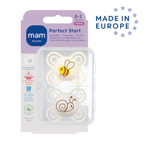 MAM Perfect Start Schnuller im 2er-Set, speziell für Neugeborene, zahnfreundlicher Baby Schnuller aus nachhaltigen & bio-erneuerbaren Materialien, mit Schnullerbox, 0-2 Monate, Biene/Schnecke