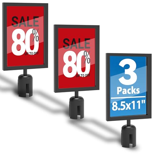 Estleys 3 Pcs Stanchion Sign Holder 8.3 x 11.7, Portrait Post Top Stand Poster Display, Double Sided Sign Frame with Cover for Crowd Control Queue Barrier Sentry Stanchions Black Iron