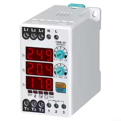 HEBEOT Relé de sobrecarga digital TRM-03 TRM-12 TRM-25 220V con reinicio automático semiautomático manual, tiempo de retardo ajustable 0.1-10s, pantalla de dígitos 3x3, protección de asimetría, DIN R