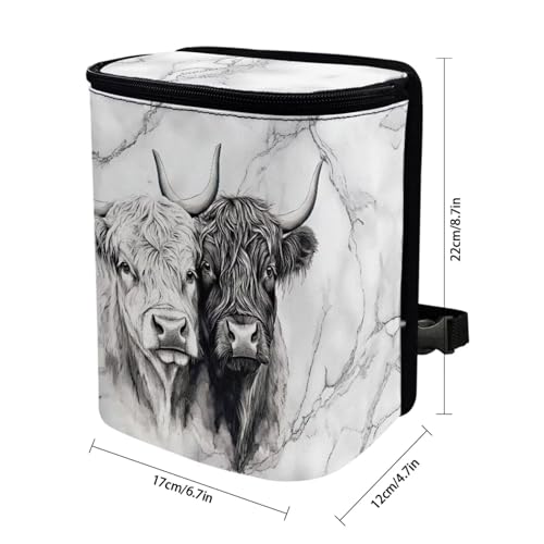 Image of Talayituse Highland Cattle Marble Print Car Trash Bin, Large Size Auto Trash Can Adjustable Portable Garbage Can with Lid, Vehicle Hanging Bag for Headrest Front Back Seat