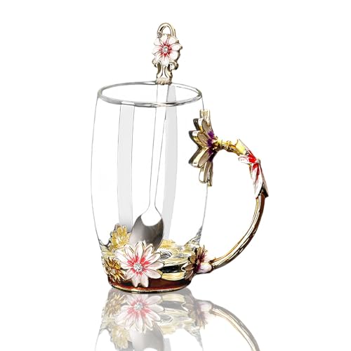 NBBENG Birthday Gifts for Women Her Mom Teacher Friends Enamel Flower Tea Cup, Glass Coffee Mugs Tea Cup with Spoon, Birthday Christmas Gifts for Her Women Mum Friends Teacher Valentines Mothers Day