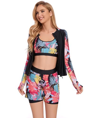 Rash Guard for Women 3 Piece Swimsuits Long Sleeve Bathing Suit with Boyshorts and Bra Ladies Swim Over 50 UPF 50+3