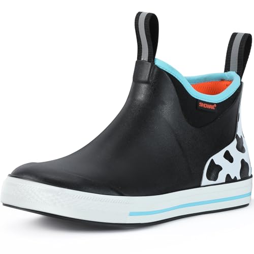 Showave Women's 6 Inch Ankle Deck Boots Waterproof Rain Footwear Rubber Mud Boots for Fishing Gardening Farming, Cow Print,Size 8