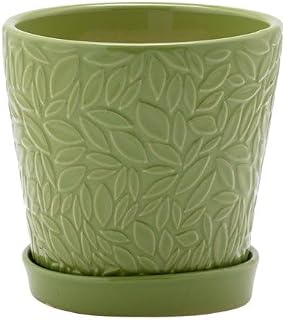 Napco Imports Decorative Home or Garden 5 x 4.5 Inch Indoor or Outdoor Flower Planter Holder Pot with Saucer Sage Green Embossed Leaf