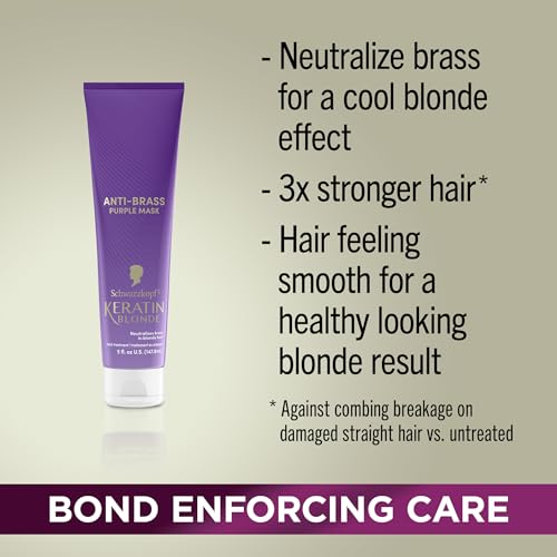Schwarzkopf Keratin Blonde Anti-Brass Purple Mask, 5 fl oz, Helps Strengthen Hair, Bond Enforcing Care, Tones Brassiness & Yellow Tones, Adds Hydration, For Bleached, Highlighted & Blonde Hair Types