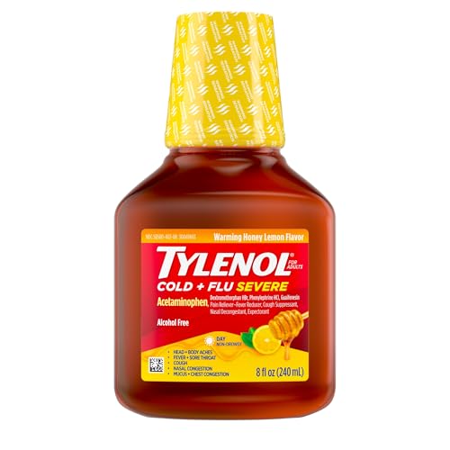 Tylenol Cold + Flu Severe Medicine w/Acetaminophen DextromethorphanHBr Guaifenesin PhenylephrineHCI Liquid Daytime Cold/Fever & Chest Congestion Relief Warming Honey Lemon 8 Fl. Oz