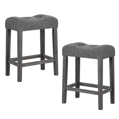 Giantex 24' Bar Stools Set of 2, Backless Counter Height Saddle Bar Stools w/Padded Seat, Solid Rubber Wood Legs, Farmhouse Linen Fabric Upholstered Barstools for Kitchen Counter Island, Cafe, Grey