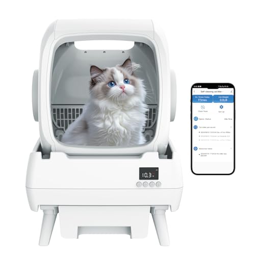FRCFRC Automatic Cat Litter Box Self Cleaning - App Control, Cat Toilet Records, Suitable for Big Cats, Medium Cats, Kittens and Multi-Cat Families, Anti-Pinch, Low Noise【Assembly Required】- White