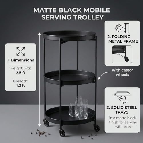 Image of CAR-O-BAR Premium Multipurpose Bar Cart | 3-Tier Bar Trolley for Home | 360 Degree Swivel with Locking Mechanism | Perfect Bar Trolley for Home & Kitchen | Ht 2.5ft x Width 1.2ft