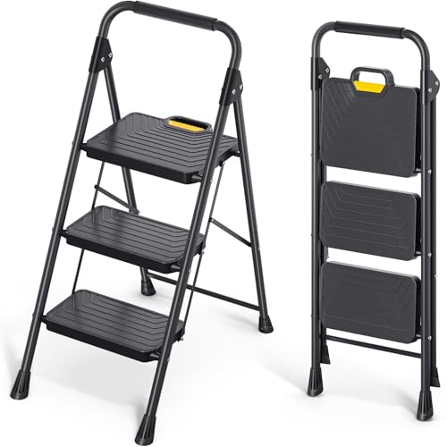 KINGRACK Escabeau à 3 marches en Acier Robuste avec Larges pédales antidérapantes, Main Courante, Design de Verrouillage sécurisé, Passe Les Tests de Charge de 362,9 kg, échelle Pliable Portable pour