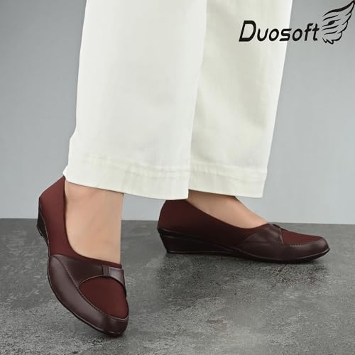 Image of Duosoft Women's Comfort Slip-On Loafers, Black Leather, Low Wedge Heel Bellies Dw-204-Brown