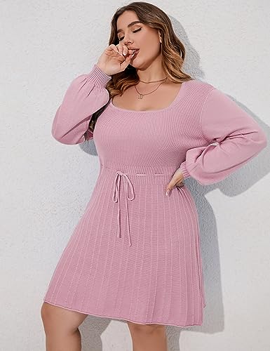 Image of Women's Plus Size Casual Sweater Dress Square Neck Long Lantern Sleeve Tie Waist Loose Pullover Sweater Dresses