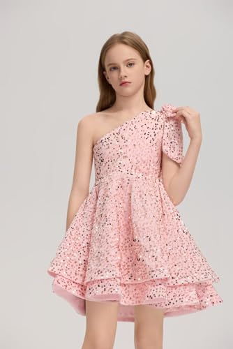 One Shoulder Flower Girl Dresses Sequin Short Pageant Dresses First Communion Dress with Bow Ball Gown3
