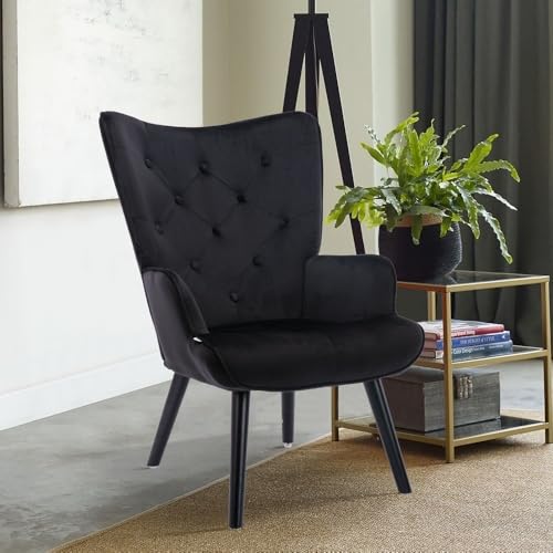 Image of Velvet Wingback Accent Chair for Living Room | Luxury High Back Tufted Armchair with Glossy Metal Legs | Modern Velvet Upholstered Lounge Chair for Home & Office | 1 Pc (Black)