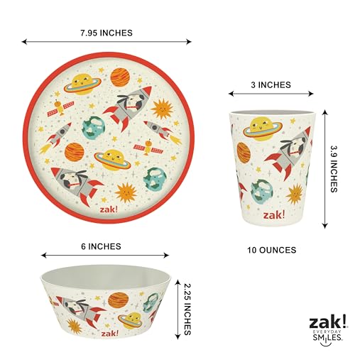 Image of Zak Designs Kids Dinnerware Set 3 Pieces, Durable and Sustainable Melamine Bamboo Plate, Bowl, and Tumbler are Perfect For Dinner Time With Family (Spaceships)