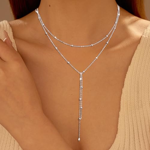 925 Sterling Silver Y-Shaped Double Layer Bead Necklace for Women Dainty Minimalist Layered Y Charm Chain to Daughter Everyday Fashion Necklace Wedding Halloween Jewelry Gift for Her3