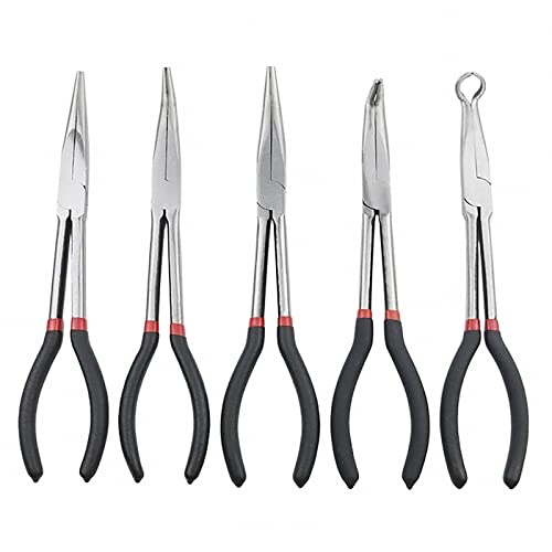 QISF 5 Pcs Long Reach Pliers Set | 11 inch Nose Pliers | 25° 45° 90° Curved Straight Needle Nose Pliers | for Home Craft Jewelry Making Car Repairing