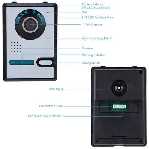 Image of Video Door Phone 7 Inch TFT LCD Monitor Video Doorbell Intercom with Night Vision Camera, Two-Way Audio, Aluminum Alloy Panel