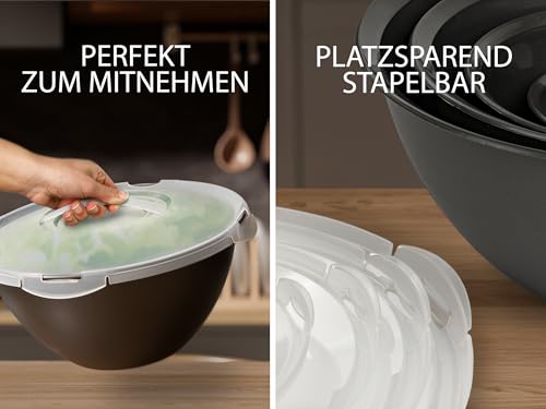 Foto von Hausfelder Salatschüssel Set groß mit Deckel 4er Set, 0,7L/1,9L/3,6L/6L, Schüsselset aus Kunststoff stapelbar, BPA-frei in Anthrazit Schwarz für Camping und Küche