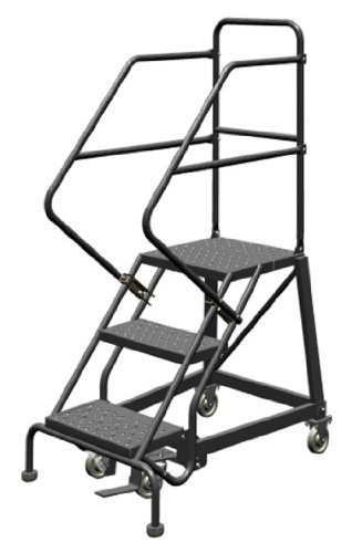 Image of Tri-Arc KDEC103166 3-Step Forward Descent Safety Angle Steel Rolling Industrial and Warehouse Ladder with Perforated Tread, 16-Inch Wide Steps