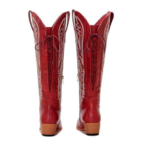 Wide Calf Cowboy Boots Women Knee High Tall Western Cowgirl Boots Adjustable Lace Up Plus Size Comfortable 2-Inch Heel3