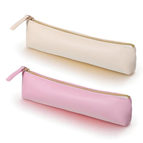 2Pcs Cute PU Leather Makeup Brush Cosmetic Bag for Women Portable Soft Cosmetic Organizer Pouch Waterproof Slim Small Makeup Brush Case with Zipper for Travel Storage Space-Efficient (Beige Pink)