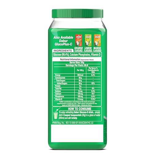Image of Dabur Glucose-D Instant Energy Drink Powder - 1kg | Enriched with Vitamin D & Calcium | 99.4% Glucose Quick Energy Replenishment Formula | Easy to Mix Refreshing Drink