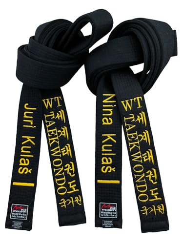 World Taekwondo - Cinturones negros Aldult Instructor bordado personalizado de poliéster ancho 5 cm, Negro -, 360cm