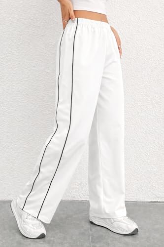 Image of Women Casual Loose Fit Track Pants High Waist Elastic Waistband Straight Wide Leg Trousers with Side Piping, Gym Yoga Running Athletic Sweatpants Comfortable