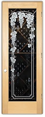 Frosted Glass Wine Door - Vineyard Grapes Trellis - 1D Positive Clear - Grapes & Ivy - 32" x 84" - Knob on Left - Pull Open - Maple