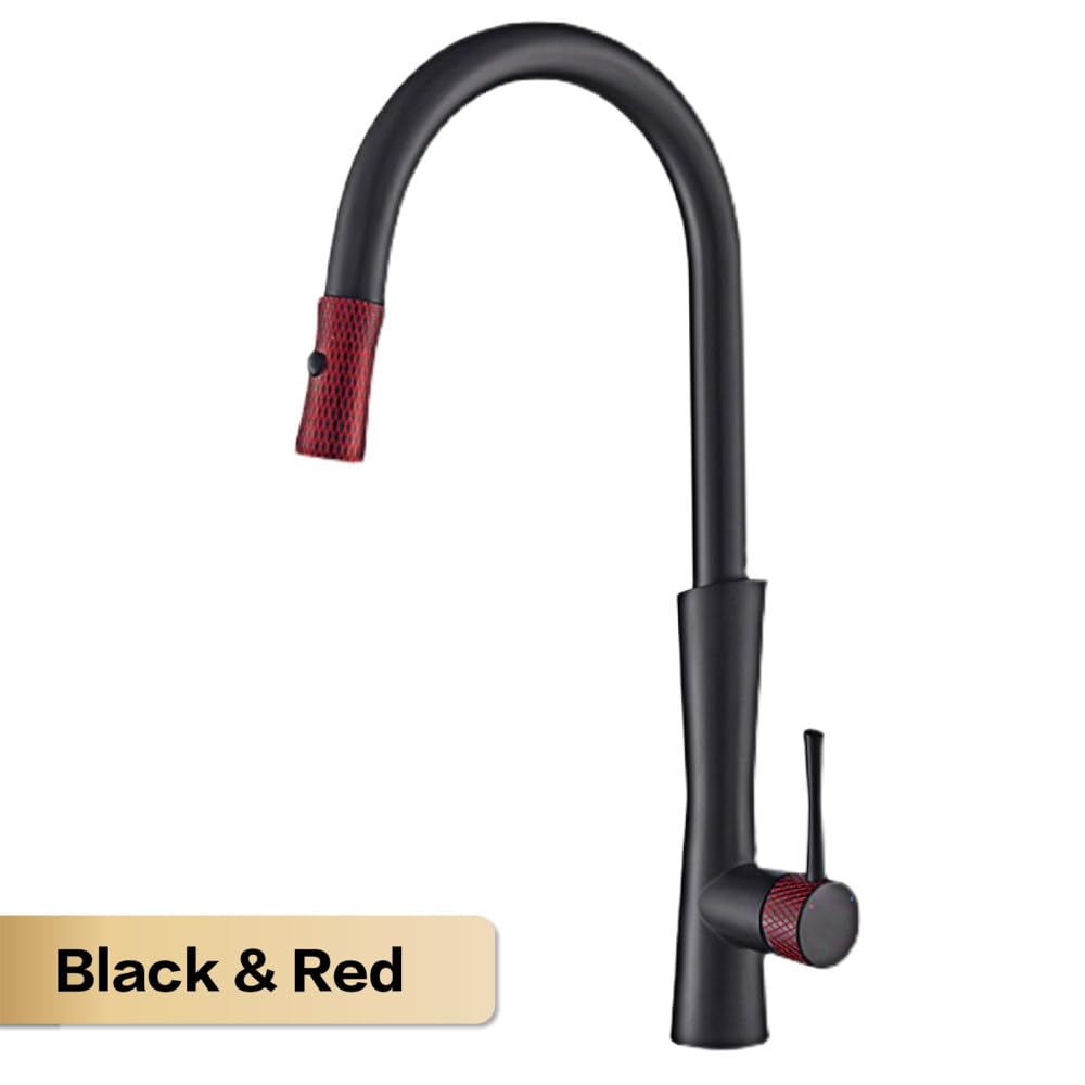 Rubinetto per lavello con Doppia Uscita in Rame, Raffreddamento e Riscaldamento dell'Acqua, Doppio Controllo, Design con Maniglia Singola, Nero, Rosso