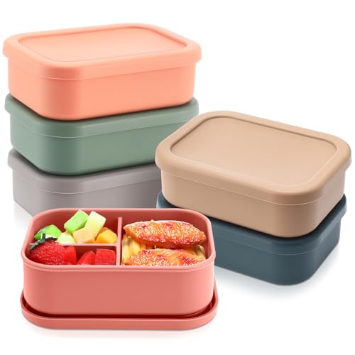 Image of Honeydak 6 Pcs Silicone Bento Boxes, 3 Compartment Lunch Containers | Reusable Silicone Bento Boxes for School, Work and Meal Prep; Microwave, Dishwasher and Freezer Use with Stackable Design