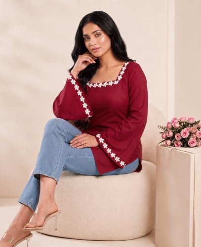 Image of MAHIRA'S Comfort Women's Short Kurti, Rayon Tunic Top with 3 /4 Embroidered Designer Sleeves | Soft Breathable Fabric | Office & Casual Kurti for Jeans, Leggings & Trousers