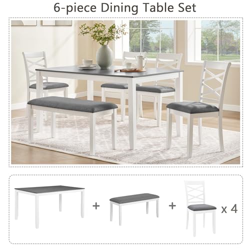 Image of Harper & Bright Designs 6-Piece Dining Set for 6, Modern Wood Kitchen Table Set with Upholstered Chairs and Bench, Space-Saving 58.5 inch Table for Dining Room, Kitchen, or Living Space